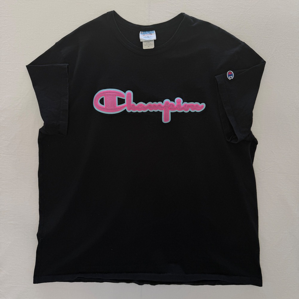 Champion T-Shirt Mens 2XL Black Excellent Chenille Script Logo Streetwear Tee